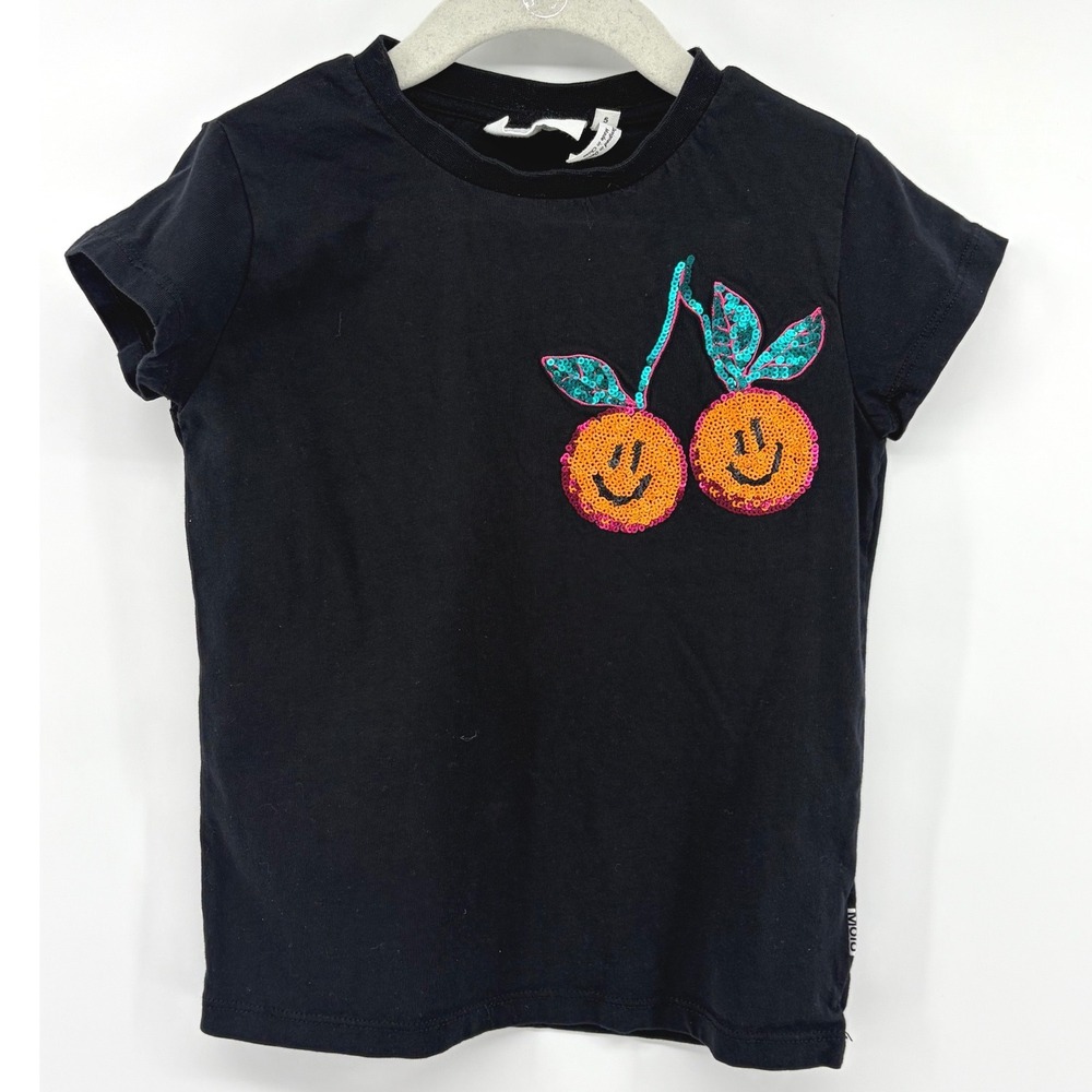 Molo Kids Ranva Sequin Smiley Cherry Organic Cotton T-Shirt Black Size 5 110